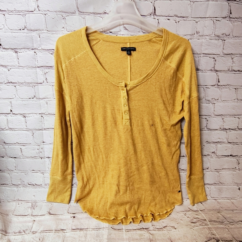 American Eagle Womens Waffle Knit Large Henley Long Sleeve Grunge